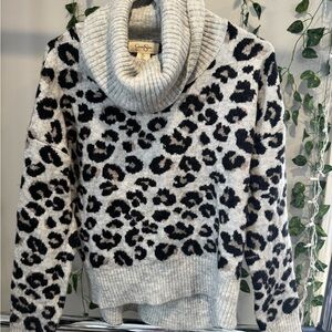 Cozy Gray Cowl Neck Sweater with Leopard Print